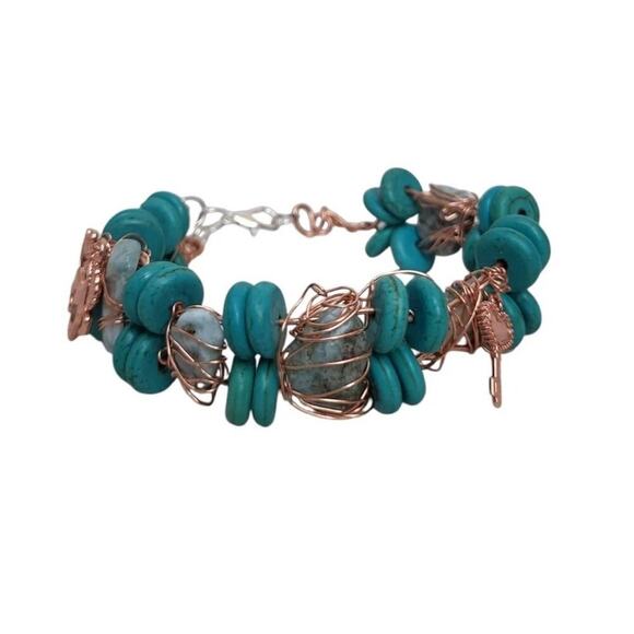 Turquoise Heishi Cooper Wire Wrapped Larimer Unicorn Key Heart Bangle - Picture 1 of 16